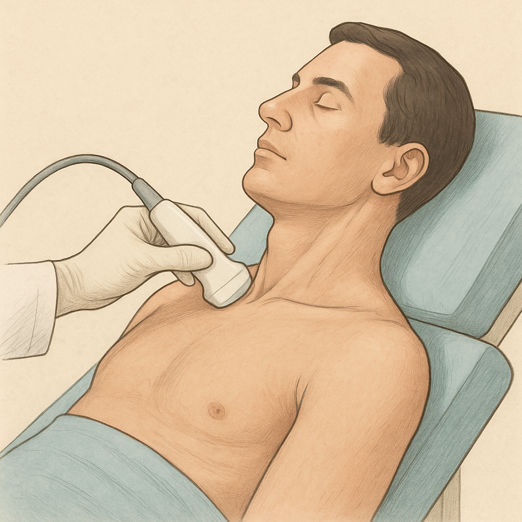 Patient positioned at 45 degrees with POCUS probe applied to the omoclavicular triangle.